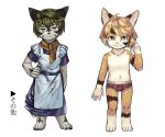  2015 alternate_version_at_source anthro bulge canid canine canis clothed clothing cub domestic_cat duo felid feline felis furiorid harvic maid_uniform male mammal scarf simple_background topless umani underwear uniform white_background wolf young 