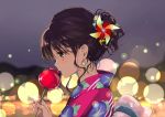  1girl back_bow backlighting bangs black_eyes blurry blurry_background blush bokeh bow candy_apple closed_mouth commentary_request depth_of_field earrings eyebrows_visible_through_hair food from_side gin_(oyoyo) holding holding_sword holding_weapon japanese_clothes jewelry kimono looking_down nail_polish night night_sky original outdoors pink_kimono pink_nails pinwheel_hair_ornament print_kimono profile short_hair short_ponytail sky solo sword weapon yukata 