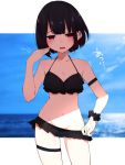  1girl arm_strap bare_arms bare_shoulders bikini bikini_skirt black_bikini black_hair blue_sky blurry blurry_background breasts cleavage collarbone commentary cowboy_shot day depth_of_field groin halter_top halterneck hand_on_hip hand_up horizon hot ichiki_1 looking_at_viewer midriff motion_lines navel ocean open_mouth original pink_eyes short_hair sidelocks sky small_breasts solo standing sweat swimsuit thigh_strap translated 