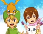  1boy 1girl blonde_hair blue_eyes brown_eyes brown_hair child digimon digimon_adventure hat looking_at_viewer lowres mimxxpk open_mouth patamon short_hair smile tailmon takaishi_takeru yagami_hikari 