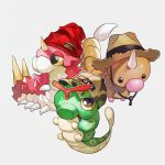  baseball_cap beanie black_eyes brown_headwear bug camouflage_hat caterpie clothed_pokemon commentary_request full_body gen_1_pokemon gen_3_pokemon grey_background half-closed_eyes hat horn jpeg_artifacts looking_up newo_(shinra-p) no_humans pokemon pokemon_(creature) red_headwear shiny shiny_skin simple_background straw_hat weedle wurmple yellow_sclera 