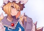  1girl :3 blonde_hair commentary_request dress eyebrows_visible_through_hair fox_tail frills hat head_tilt long_sleeves looking_at_viewer multiple_tails solo tabard tail toluda touhou upper_body v white_dress wide_sleeves yakumo_ran yellow_eyes 