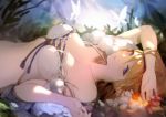  1girl bangs bare_shoulders bikini blonde_hair blue_eyes breasts bug butterfly cleavage collarbone europa_(granblue_fantasy) granblue_fantasy insect large_breasts nido_celisius open_mouth solo swimsuit white_bikini 