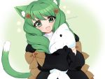  1girl animal_ears cat_ears cat_tail fire_emblem fire_emblem:_three_houses flayn_(fire_emblem) green_eyes green_hair hair_ornament holding long_hair long_sleeves open_mouth plushcharm solo stuffed_toy tail twitter_username uniform 