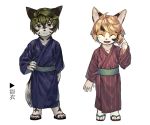  2015 alternate_version_at_source anthro brown_eyes calico_cat canid canine canis clothing cub domestic_cat duo eyes_closed felid feline felis footwear furiorid harvic japanese_clothing male mammal sandals simple_background umani white_background wolf young yukata 