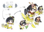  1girl animal_costume bandaid_on_leg baseball_bat binoculars black_hair blush chibi cropped_legs dress egg evolution flag flying_sweatdrops frying_pan hammer highres idolmaster idolmaster_million_live! mask nail nail_bat nakatani_iku no_nose pointy_ears short_hair side_ponytail spawnfoxy tail walking whistling white_background 