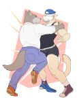  9x9 ambiguous_species anthro ballbusting bottomwear bulge canid canine canis clothed clothing cock_and_ball_torture dress_shirt genital_torture hi_res jeans male mammal pants pants_down partially_clothed shirt sneakers tank_top topwear underwear wolf 