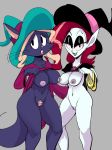  2019 anthro bimm breasts clothed clothing dbaru digital_media_(artwork) domestic_cat duo felid feline felis female hi_res humanoid jewelry mammal mighty_magiswords morbidia nipples partially_clothed pubes pussy simple_background 