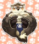  belly blush butt canid canine canis clothing domestic_dog fundoshi japanese_clothing legs_up male mammal moritaka navel nipples pawpads pecs rossciaco scar slightly_chubby tokyo_afterschool_summoners underwear video_games 