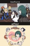  4girls 6+boys annette_fantine_dominique ashe_duran blonde_hair dark_skin dark_skinned_male dedue_molinaro desk dimitri_alexandre_bladud expectations/reality felix_hugo_fraldarius fire_emblem fire_emblem:_three_houses green_hair heart holding_hands ingrid_brandol_galatea maternity_mark mercedes_von_marltritz multiple_boys multiple_girls pointer sylvain_jose_gautier teaching wasukii white_hair 