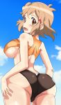  1girl absurdres ass bare_shoulders bikini blue_sky blush breasts brown_hair covered_nipples day from_behind hair_ornament highres large_breasts light_brown_hair looking_at_viewer looking_back open_mouth orange_eyes senki_zesshou_symphogear shiny shiny_hair shiny_skin short_hair sky solo standing swimsuit tachibana_hibiki_(symphogear) underboob user_pkag3743 