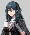  1girl annoyed arm_guards bags_under_eyes bangs black_cape blue_eyes blue_hair breasts byleth_(fire_emblem) byleth_(fire_emblem)_(female) cape closed_mouth coffee_mug cup damagefloor fire_emblem fire_emblem:_three_houses grey_background hair_between_eyes half-closed_eyes highres holding holding_cup large_breasts long_hair mug pauldrons shoulder_armor simple_background solo upper_body v-shaped_eyebrows vambraces 