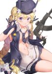  1girl absurdres bangs black_gloves black_skirt blonde_hair blush braid breasts collarbone commentary eyebrows_visible_through_hair fingerless_gloves girls_frontline gloves gun hair_ornament hat highres holding holding_gun holding_weapon long_hair looking_at_viewer navel necktie open_clothes purple_eyes purple_headwear purple_ribbon ribbon simple_background skirt small_breasts sog-igeobughae solo sr-3mp_(girls_frontline) twin_braids twintails very_long_hair weapon white_background 