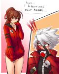  1boy 1girl ahoge antenna_hair blazblue blood blush celica_a_mercury hair_ribbon highres hood hoodie looking_away md5_mismatch nosebleed ragna_the_bloodedge red_hoodie ribbon shy white_hair 