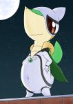  2015 brown_eyes camel_toe cidea clothed clothing female feral fully_clothed green_scales hi_res looking_down moon navel night nintendo outside pok&eacute;mon pok&eacute;mon_(species) scales semi-anthro sky smile snivy solo standing star text translation_request video_games 