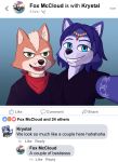  2019 absurd_res anthro blue_eyes blue_fur blue_hair breasts brown_fur canid canine canis clothing digital_media_(artwork) duo english_text facebook female fox fox_mccloud fur green_eyes habiyeru hair hi_res krystal looking_at_viewer male mammal markings nintendo open_mouth phone scarf selfie simple_background smile star_fox text texting video_games white_fur 