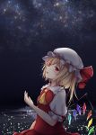  1girl ascot blonde_hair collared_shirt commentary_request crystal flandre_scarlet frilled_shirt_collar frills hair_ribbon hand_up hat highres kashiwagi_yamine long_hair mob_cap night night_sky one_side_up outdoors parted_lips puffy_short_sleeves puffy_sleeves red_eyes red_ribbon red_skirt red_vest ribbon shirt short_sleeves sidelocks skirt sky solo star_(sky) starry_sky touhou vest white_headwear white_shirt wings yellow_neckwear 