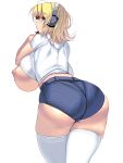  1girl ass belt blonde_hair blue_eyes breasts curvy from_behind headphones highres huge_breasts long_hair looking_at_viewer looking_back masao one_breast_out original parted_lips shirt short_shorts shorts simple_background skindentation solo thighhighs white_background white_legwear white_shirt 