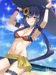  1girl :q armpits arms_up bangs bare_shoulders beach bikini blue_bikini_bottom blue_hair blue_sky blush breasts cleavage closed_mouth cloud collarbone day eyebrows_visible_through_hair flower frilled_bikini_top frills garchomp groin hair_between_eyes hair_flower hair_ornament highres holding holding_surfboard horizon long_hair low_ponytail medium_breasts mismatched_bikini navel ocean outdoors personification pokemon pokemon_(game) pokemon_dppt ponytail red_bikini_top sidelocks sky smile solo somechime_(sometime1209) sparkle sunflower_hair_ornament surfboard swimsuit tongue tongue_out two_side_up v-shaped_eyebrows very_long_hair water yellow_flower 