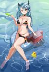  1girl absurdres antenna_hair azur_lane bangs bare_shoulders bikini bird black_bikini black_ribbon blush breasts choker cleavage collarbone commentary_request duck eyebrows_visible_through_hair from_above full_body german_flag hair_between_eyes highres innertube large_breasts long_hair looking_at_viewer multicolored_hair navel prinz_eugen_(azur_lane) red_hair ribbon silver_hair smile sog-igeobughae solo streaked_hair swimsuit two_side_up very_long_hair water 