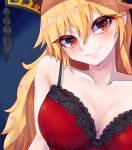  1girl blonde_hair blue_background bow bow_bra bra breasts cleavage collarbone commentary_request eyebrows_visible_through_hair hat head_tilt highres junko_(touhou) lace lace_bra long_hair looking_at_viewer partial_commentary red_bra red_eyes smile solo tassel toluda touhou underwear upper_body 