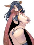  1girl :p ass black_hair blue_eyes breasts cape circlet cleavage commentary_request curvy highres horns huge_breasts long_hair looking_at_viewer masao original raised_eyebrows skindentation solo sweat thick_thighs thighs tongue tongue_out 