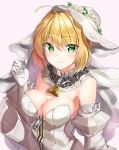 1girl absurdres ahoge bangs bare_shoulders blonde_hair blush breasts bridal_veil chain cleavage commentary_request detached_sleeves dress eyebrows_visible_through_hair fate/grand_order fate_(series) flower gloves green_eyes hair_between_eyes hair_ornament highres keyhole large_breasts lock looking_at_viewer nero_claudius_(bride)_(fate) nero_claudius_(fate)_(all) padlock puffy_sleeves simple_background smile sog-igeobughae solo veil wedding_dress white_background white_dress white_gloves zipper 