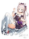  1girl absurdres animal_ear_fluff animal_ears ass azur_lane bangs bare_shoulders black_bow blue_eyes blush bow breasts cat_ears collarbone commentary dated dress eyebrows_visible_through_hair fang hair_bow hair_ribbon hammann_(azur_lane) highres long_hair looking_at_viewer puffy_short_sleeves puffy_sleeves purple_bow ribbon shoes short_sleeves silver_hair simple_background skin_fang sog-igeobughae solo thighhighs very_long_hair white_background white_legwear 