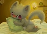  2013 anthro bed blush briefs bulge clothed clothing cub digital_media_(artwork) fur grey_fur looking_at_viewer male mammal moketiw mouse murid murine pillow red_eyes rodent shadow solo topless underwear young 
