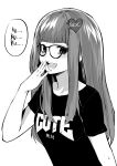  1girl bangs blunt_bangs brand_name_imitation commentary commission doom_(game) english_commentary eyebrows_visible_through_hair flat_chest glasses hair_ornament hairclip hand_to_own_mouth highres laughing long_hair looking_at_viewer monochrome norman_maggot ojou-sama_pose open_mouth original shirt sidelocks solo t-shirt 