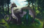  belly_scales black_scales claws countershading detailed_background dragon duo eye_contact feral green_scales horn looking_at_another membrane_(anatomy) membranous_wings nature outside scales scalie tree vampi western_dragon wing_claws wings wyvern 