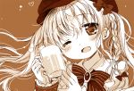  1girl ;d alcohol bangs beer beer_mug blush bow braid brooch brown_background cabbie_hat collared_shirt commentary_request cup eyebrows_visible_through_hair foam gloves hair_between_eyes hair_bow hands_up hat head_tilt holding holding_cup jewelry long_hair monochrome one_eye_closed open_mouth original sakurazawa_izumi shirt simple_background smile solo striped striped_bow twintails upper_body 