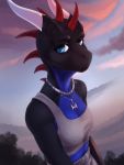  2019 anthro blue_eyes breasts day detailed_background digital_media_(artwork) dragon female hi_res horn looking_at_viewer non-mammal_breasts omesore outside sky solo spines wingless_dragon 