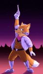  2019 anthro canid canine canis clothed clothing desert detailed_background digital_media_(artwork) fox fox_mccloud fur habiyeru hi_res jacket looking_at_viewer male mammal nintendo outside planet prosthetic_limb sky star_fox topwear video_games 