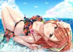  1girl arisugawa_natsuha bangs barefoot bikini blush bow bowtie breasts cloud cloudy_sky collarbone earrings floral_print flower frilled_bikini frills grey_eyes hair_ribbon hand_on_own_head highres idolmaster idolmaster_shiny_colors jewelry legs light_smile long_hair looking_at_viewer lying medium_breasts navel on_back orange_hair partially_submerged ribbon side-tie_bikini sky swept_bangs swimsuit thighs water yuzuyu_(hyui) 