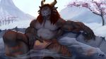  16:9 anthro bulge charr facial_hair felid goatee guild_wars horn looking_at_viewer male mammal muscular muscular_male outside partially_submerged pubes smile solo video_games zephyxus 