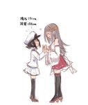  2girls black_hair black_legwear blush boots female_admiral_(kantai_collection) full_body hair_ornament hairclip hands_together haruna_(kantai_collection) hat headgear height_difference high_heels jacket kantai_collection long_hair looking_at_another military military_uniform multiple_girls naval_uniform nontraditional_miko pantyhose peaked_cap red_skirt reflection remodel_(kantai_collection) ribbon-trimmed_sleeves ribbon_trim simple_background sketch skirt thigh_boots thighhighs uniform utopia white_background white_headwear white_jacket white_skirt 