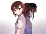  2girls back-to-back bangs bob_cut breasts brown_eyes brown_hair commentary_request dirty_face expressionless gradient gradient_background grey_background hair_ornament hairclip head_mounted_display looking_at_viewer looking_down misaka_imouto misaka_mikoto multiple_girls nemu_mohu parted_lips school_uniform shadow short_hair simple_background small_breasts staring sweater_vest to_aru_kagaku_no_railgun to_aru_majutsu_no_index upper_body white_background 