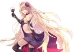  1girl :d absurdly_long_hair ahoge applekun backless_dress backless_outfit black_gloves black_legwear blonde_hair breasts butt_crack choker cup dress elbow_gloves fate/grand_order fate_(series) floating_hair flower from_side gloves hair_flower hair_ornament holding holding_cup jeanne_d&#039;arc_(alter)_(fate) jeanne_d&#039;arc_(fate)_(all) long_hair medium_breasts open_mouth pixiv_fate/grand_order_contest_2 purple_dress purple_flower red_ribbon red_wine ribbon ribbon_choker sideboob simple_background sleeveless sleeveless_dress smile solo strapless strapless_dress thighhighs very_long_hair white_background yellow_eyes 