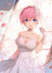  1girl bare_shoulders bison_cangshu blue_eyes breasts cleavage collarbone commentary_request dress earrings gloves go-toubun_no_hanayome hand_up highres jewelry large_breasts looking_at_viewer nakano_ichika open_mouth petals pink_hair short_hair smile solo standing upper_body veil wedding_dress white_dress white_gloves 
