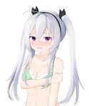  1girl absurdres ahoge ange_vierge arm_across_chest arm_grab bangs bare_arms bare_shoulders black_hairband black_ribbon blush bra breasts character_request cleavage collarbone commentary_request eyebrows_visible_through_hair green_bra hair_between_eyes hair_ribbon hairband highres long_hair looking_at_viewer medium_breasts open_mouth purple_eyes ribbon roido_(taniko-t-1218) sidelocks silver_hair simple_background solo twintails underwear underwear_only upper_body white_background 