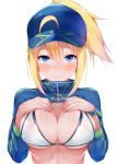 1girl ahoge artoria_pendragon_(all) bangs baseball_cap bikini blonde_hair blue_eyes blue_headwear blue_jacket blush breasts cleavage closed_mouth cropped_jacket fate/grand_order fate_(series) fumikiri hair_between_eyes hair_through_headwear hands_on_own_chest hat highres jacket large_breasts long_hair long_sleeves looking_at_viewer mysterious_heroine_xx_(foreigner) navel ponytail shrug_(clothing) sidelocks simple_background solo sweat swimsuit white_background white_bikini wristband zipper_pull_tab 