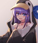  1girl :d animal_costume bangs black_jacket blue_eyes choker collarbone commentary_request eyebrows_visible_through_hair fate/grand_order fate_(series) grey_background happy highres hood hood_up jacket kihou_no_gotoku_dmc long_hair looking_at_viewer meltryllis meltryllis_(swimsuit_lancer)_(fate) open_mouth penguin_costume purple_choker purple_hair ribbon simple_background sleeves_past_wrists smile solo two-tone_jacket white_jacket 