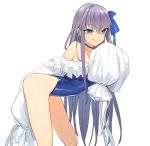  1girl bangs bare_shoulders bent_over blue_eyes blue_ribbon blue_swimsuit choker closed_mouth eyebrows_visible_through_hair fate/grand_order fate_(series) hair_between_eyes hair_ribbon juz licking_lips long_hair looking_at_viewer meltryllis_(swimsuit_lancer)_(fate) purple_hair ribbon simple_background sleeves_past_fingers sleeves_past_wrists solo swimsuit tongue tongue_out very_long_hair white_background 