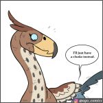  1:1 ambiguous_gender beak comic dialogue dinosaur dromaeosaurid edit english_text feathers humor pet_foolery reptile scalie size_difference speech_bubble talons teeth teeth_in_beak terrorbird text theropod twig_the_velociraptor velociraptor 