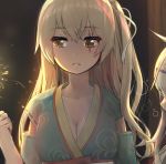  2girls bangs breasts cleavage close-up commentary_request detached_sleeves expressionless eyebrows_visible_through_hair fireworks g11_(girls_frontline) girls_frontline green_kimono grey_hair hair_ornament hair_ribbon highres holding japanese_clothes kimono long_hair looking_to_the_side multiple_girls night night_sky open_mouth ponytail ribbon scar scar_across_eye shiny shiny_clothes shiny_hair side_ponytail silver_hair sky tagme teeth ump45_(girls_frontline) vividyume white_kimono white_ribbon yellow_eyes 
