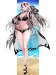  1girl absurdres bangs beach bikini black_bikini blue_sky bracelet breasts carmilla_(fate/grand_order) carmilla_(swimsuit_rider)_(fate) chain choker cleavage collarbone curly_hair dress drogod eyewear_on_head fate/grand_order fate_(series) feet full_body gown hand_on_hip high_heels highres jewelry large_breasts legs long_hair long_sleeves looking_at_viewer navel o-ring open_clothes parted_lips pink_eyes see-through silver_hair sky solo sunglasses swimsuit thighs 