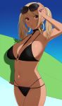  1girl absurdres bikini black_bikini blonde_hair blue_background breasts commentary_request dark_skin earrings eyewear_on_head gradient gradient_background gyouza_teishoku halter_top halterneck highres holding_surfboard hoop_earrings jewelry large_breasts legs_together looking_at_viewer medium_hair navel o-ring o-ring_bikini o-ring_top original parted_lips purple_bikini_bottom purple_nails red_eyes simple_background solo standing stomach sunglasses swimsuit twintails 
