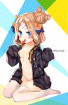  1girl abigail_williams_(fate/grand_order) absurdres bangs black_jacket blonde_hair blue_bow blue_eyes blush bow breasts collarbone commentary_request crossed_bandaids eyebrows_visible_through_hair fate/grand_order fate_(series) food groin hair_bow hair_bun heroic_spirit_traveling_outfit highres holding holding_food jacket jin_young-in long_hair long_sleeves medium_breasts naked_coat navel no_shoes open_clothes open_jacket open_mouth orange_bow parted_bangs polka_dot polka_dot_bow popsicle revision sitting sleeves_past_fingers sleeves_past_wrists solo thighhighs wariza watermelon_bar white_legwear 