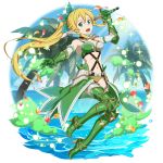  1girl :d armored_boots armpits blonde_hair boots braid breasts brown_bikini_bottom cape cleavage floating_hair full_body gauntlets green_bikini_top green_cape green_eyes green_footwear hair_between_eyes hair_ornament high_heel_boots high_heels highres holding holding_sword holding_weapon leafa long_hair looking_at_viewer medium_breasts navel official_art open_mouth palm_tree pointy_ears ponytail shiny_footwear sideboob smile solo sword sword_art_online thigh_boots thighhighs transparent_background tree twin_braids very_long_hair waist_cape weapon 